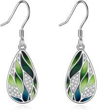 wholesale 925 Sterling Silver Teardrop Green Leaves & Blue Lotus Drop Earrings with Cubic Zirconia Accents-Green Leaf Earrings
