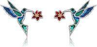 wholesale 925 Sterling Silver Hummingbird Stud Earrings with Red Flower and Enamel Accents - Mother's Day Gift Idea-Hummingbird-Hummingbird