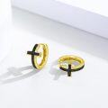 wholesale Gold 925 Sterling Silver Cross Huggie Hoop Earrings with Black Onyx Inlay-0-2