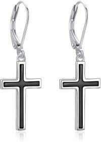 wholesale Sterling Silver Cross Leverback Dangle Drop Earrings for Women Men-black onyx cross
