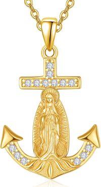 wholesale Gold Anchor Pendant with Cubic Zirconia and Religious Figure - 925 Sterling Silver Chain Necklace for Women's Christian Gifts-B-Gold