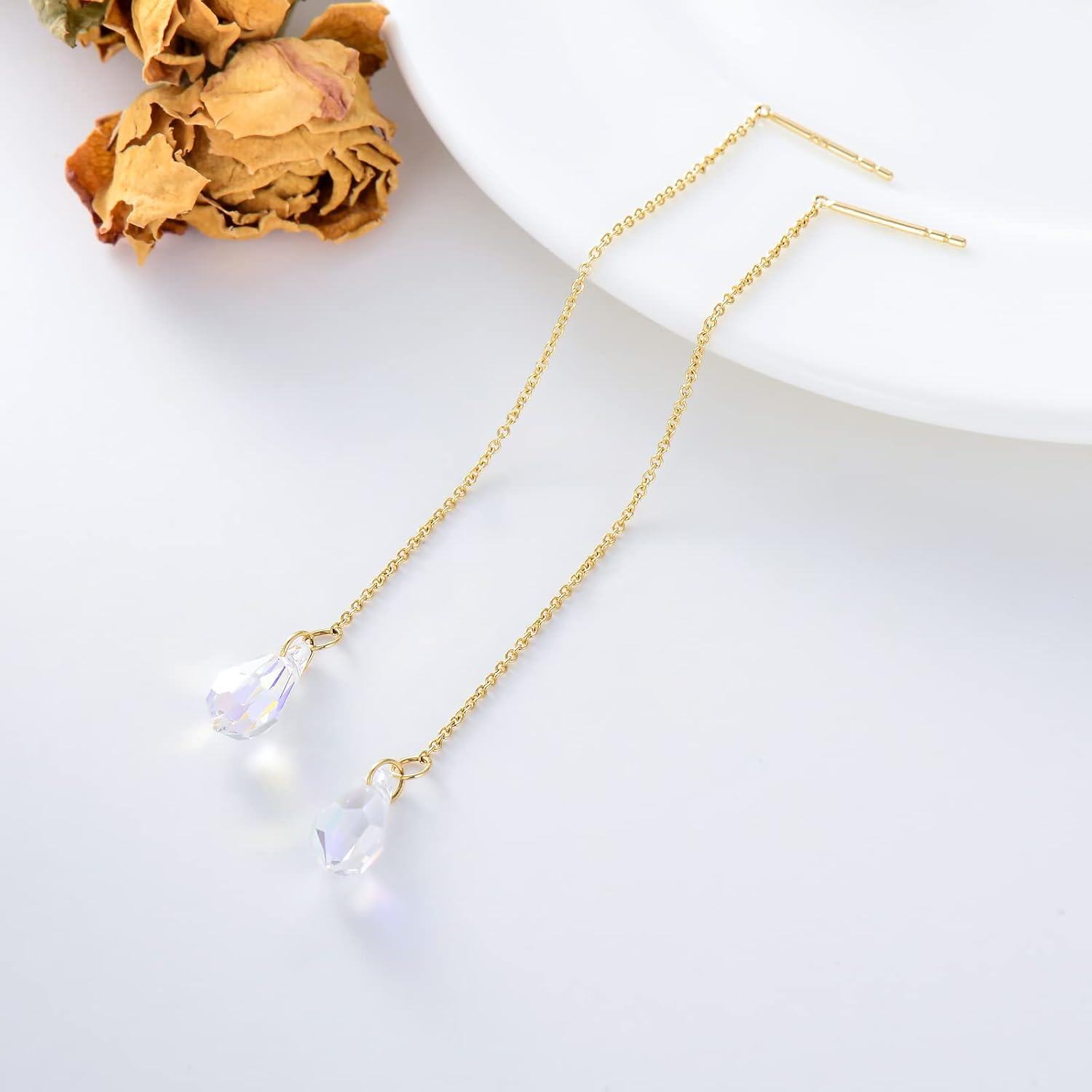 wholesale Gold 14k Crystals Drop Threader Dangle Earrings for Women-0-3