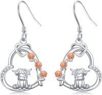 wholesale 925 Sterling Silver Hypoallergenic Heart-Shaped Highland Cow Dangle Earrings with Rose Gold Accents and Cubic Zirconia Stones for Women Girls Gifts Jewelry 4cm Long-Heart Highland Cow