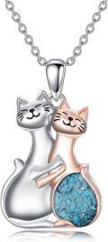 wholesale 925 Sterling Silver Turquoise Cats Hugging Pendant Necklace for Women Girls Valentines Day Gifts Jewelry-0-0