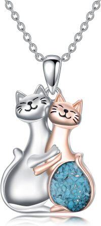 wholesale 925 Sterling Silver Turquoise Cats Hugging Pendant Necklace for Women Girls Valentines Day Gifts Jewelry-Cat Couple