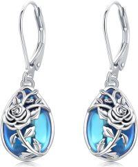 wholesale 925 Sterling Silver Blue Moonstone Rose Drop Leverback Earrings-B-Rose