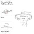 wholesale 925 Sterling Silver Metal Freshwater Pearl Faith Cross Bracelet for Women - Dainty Double Chain Christian-0-4