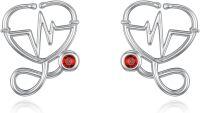 wholesale 925 Sterling Silver Heartbeat Red Crystal Stud Earrings Medical Gift for Nurses-Stethoscope