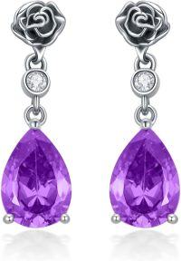 wholesale 925 Sterling Silver Vintage Rose Dangle Earrings with Birthstone Gifts for Women-02-Amethyst-Purple