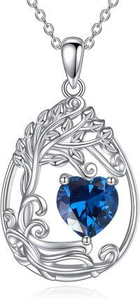 wholesale Sterling Silver Tree of Life Teardrop Pendant Gemstone Necklace-09-Sep-Sapphire