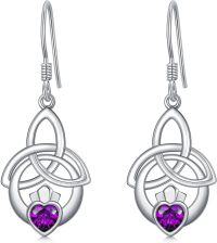 wholesale 925 Sterling Silver Birthstone Irish Celtic Claddagh Love Heart Drop Dangle Earrings-02-Feb(Amethyst)
