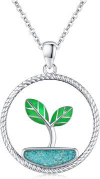 wholesale 925 Sterling Silver Tree of Life with Green Enamel Leaves and Turquoise Stone Pendant Necklace-Leaf