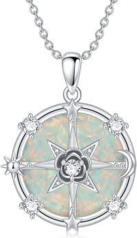 wholesale 925 Sterling Silver Opal Compass Necklace w/ Rose Flower Sun Moon Star Pendant & Crystals - Elegant s for Her-Opal