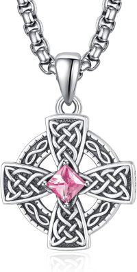 wholesale 925 Sterling Silver Birthstone Celtic Cross Necklace for Men Irish Jewelry 2 5mm 22 +2 Rolo Chain-10-Oct Birthstone