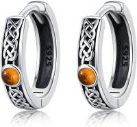 wholesale 925 Sterling Silver Tiger Eye Stone Norse Viking Celtic Knot Huggie Hoop Earrings for Women and Men (Unisex)-Tiger's Eye Celtic