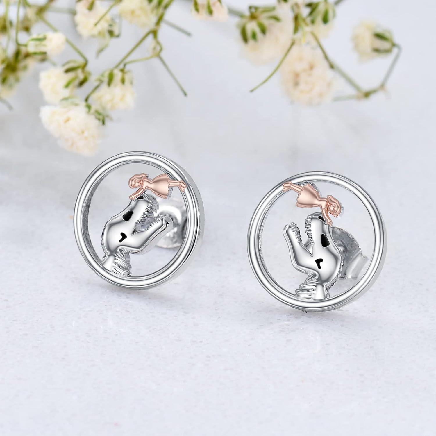 wholesale 925 Sterling Silver Dinosaur Girl Stud Hoop Earrings-0-1