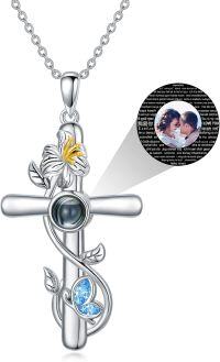 wholesale 925 Sterling Silver 925 Blue Crystal Flower Projection Cross Necklace for Women and Girls-J-Lily-J-Lily-Customized Photo-J1-Lily-Customized Photo