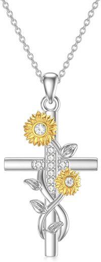 wholesale Gold-Plated 925 Sterling Silver Cross with Sunflowers and Cubic Zirconia Pendant Necklace-Silver-Cross Sunflower