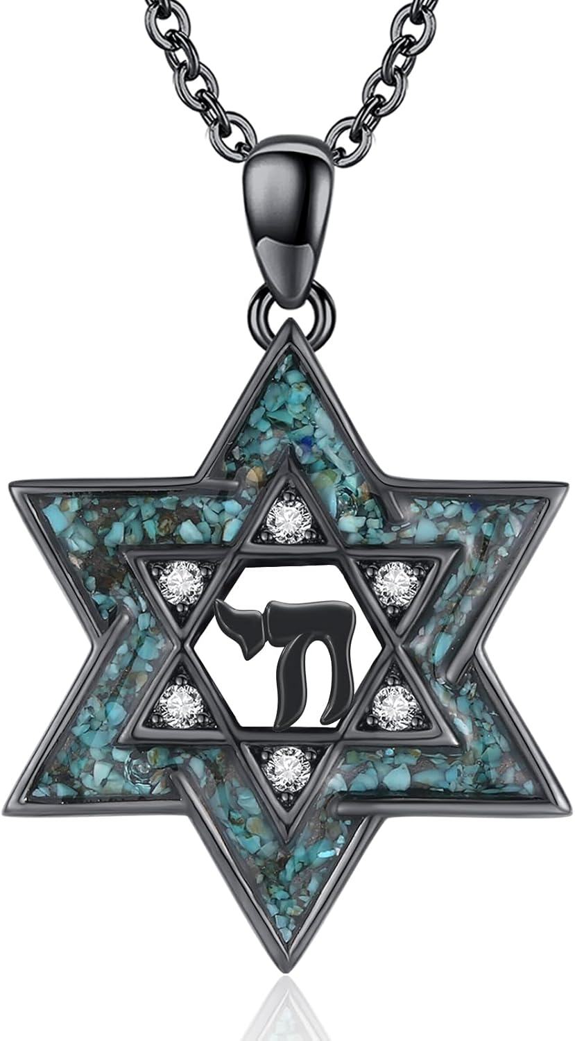 Sterling Silver Black Turquoise Star of David Pendant Necklace Jewish Jewelry Gifts for Women-0-0