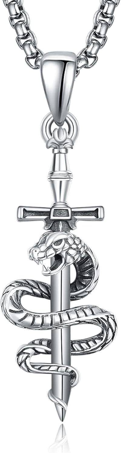wholesale 925 Sterling Silver Snake Sword Cross Pendant Necklace with Stainless Steel Chain for Men & Women Gothic Religious Jewelry Baptism Gift-0-0