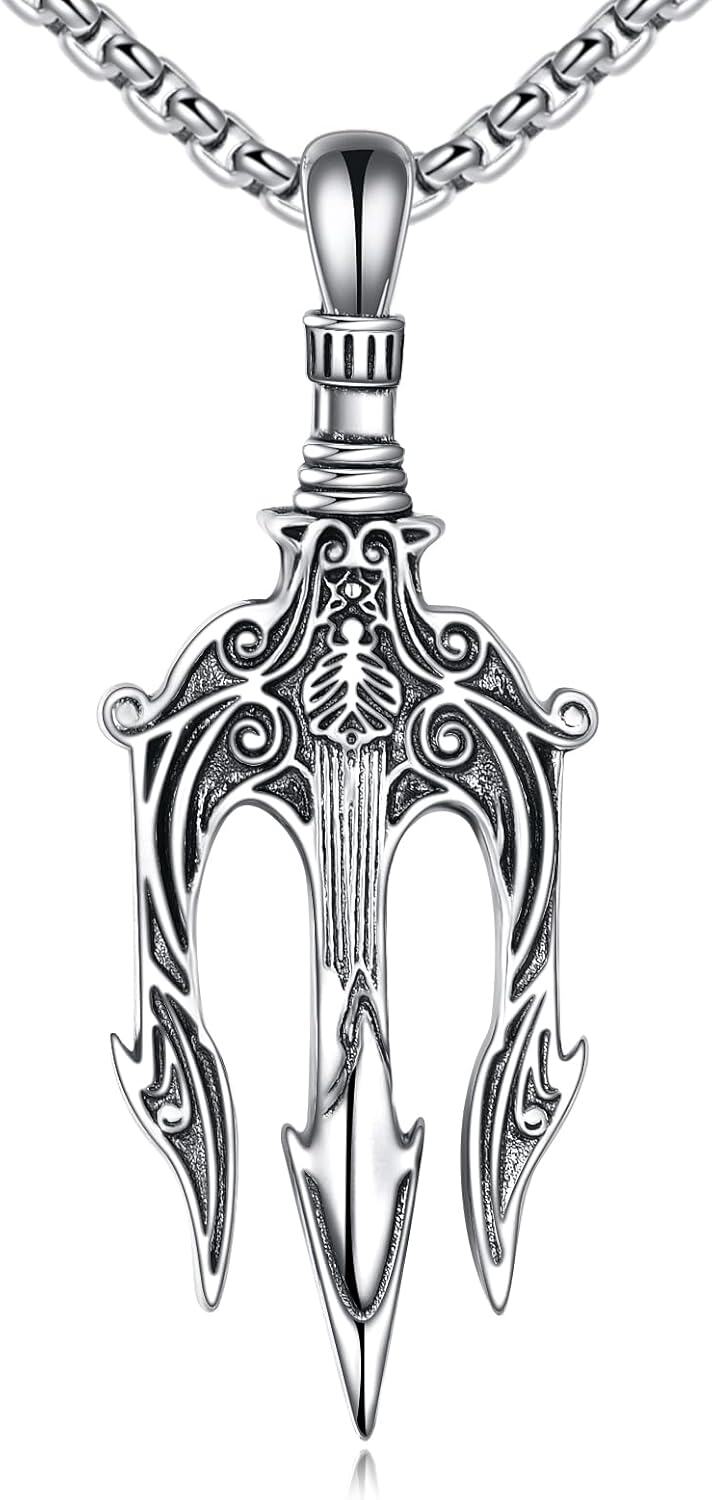 wholesale 925 Sterling Silver Trident Necklace for Men - Vintage Style Pendant with Lion Head Design and Chain Gift Set with Stainless Steel Chain-0-0