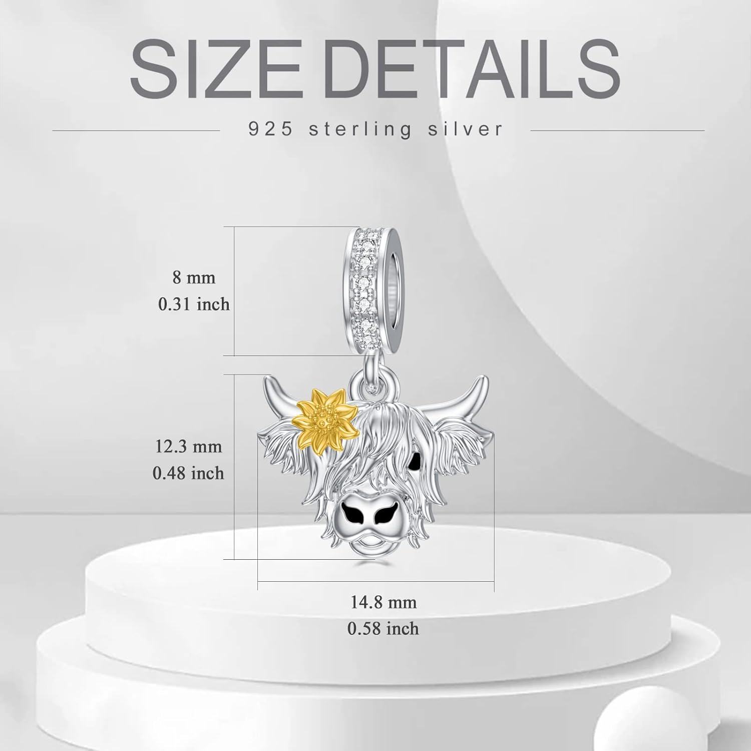 925 Sterling Silver Highland Cow Pendant Charm with Flower Accents for Bracelet Necklace Crafting Supplies Jewelry Making DIY Gifts 38x46mm-0-2