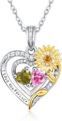 wholesale Sterling Silver 2 Birthstones Sunflower Heart Necklace for Women-08-10-Aug-Oct