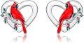 wholesale 925 Sterling Silver Heart-Shaped Red Bird Stud Earrings with Green Leaves and Berries - Holiday Gift Ideas for Women-0-0