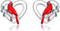 wholesale 925 Sterling Silver Heart-Shaped Red Bird Stud Earrings with Green Leaves and Berries - Holiday Gift Ideas for Women-Cardinal
