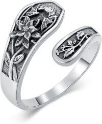 wholesale Sterling Silver Sun Moon Bee Celtic Tree Life Lotus Spoon Adjustable Open Ring Unisex Gift-Bat and Holly-Bat and Holly