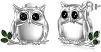 wholesale 925 Sterling Silver Owl Stud Earrings with Green Stones and Cubic Zirconia - Adorable Animal s for Girls & Women-Owl