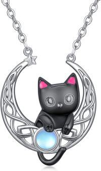 wholesale 925 Sterling Silver 925 Cat & Star in Moon Pendant Necklace-Black Cat