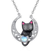 wholesale 925 Sterling Silver 925 Cat & Star in Moon Pendant Necklace-Black Cat