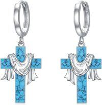 wholesale 925 Sterling Silver Cross with Turquoise Scarf Huggie Hoop Earrings for Women Girls Hypoallergenic s 4cm Length-cross