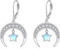 wholesale 925 Sterling Silver Star & Crescent Moon Drop Earrings with Blue Opal Stone - 3D Charm Jewelry for Women Girls Gift Boxed-0-1