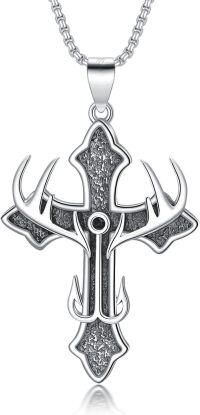 wholesale 925 Sterling Silver &  Celtic Crucifix with Trident and Hooks Pendant Necklace for Men/Women-T Deer Antler Fish Hook Necklace B