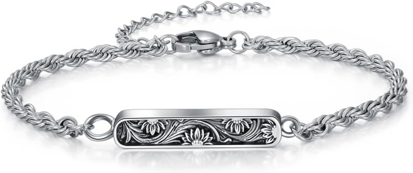 Sterling Silver Stone Urn Bracelet for Ashes Vintage Filigree Cremation Bangle-Sunflower