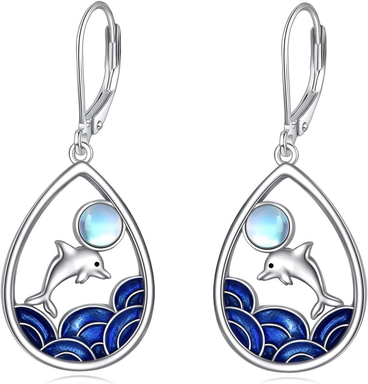 wholesale Sterling Silver Moonstone Ocean Animal Dangle Drop Earrings Summer Beach Holiday Jewelry Gift for Women-Dolphin