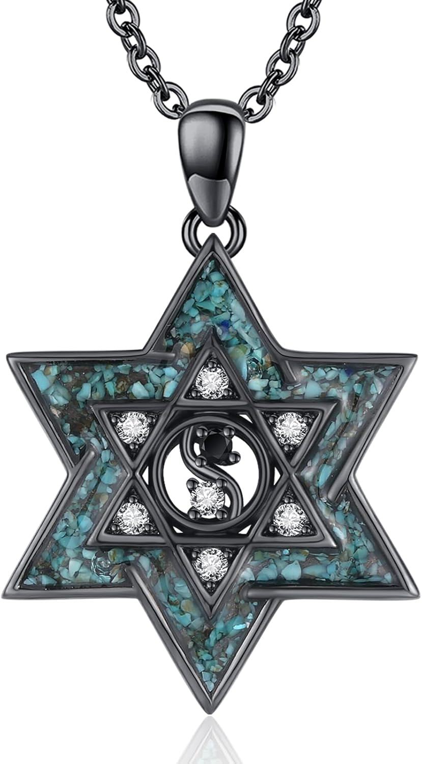 Sterling Silver Black Turquoise Star of David Pendant Necklace Jewish Jewelry Gifts for Women-Yin Yang