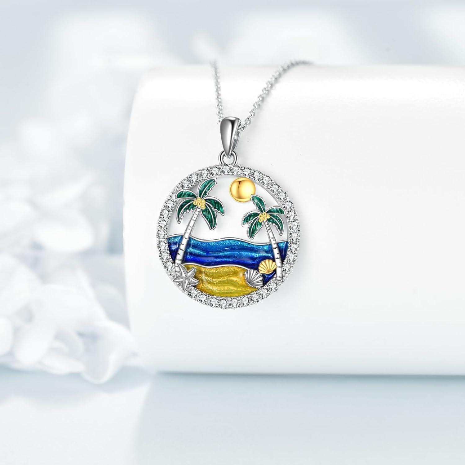 wholesale 925 Sterling Silver Beach Scene Pendant with Coconut Trees and Seashells Necklace for Women-0-2