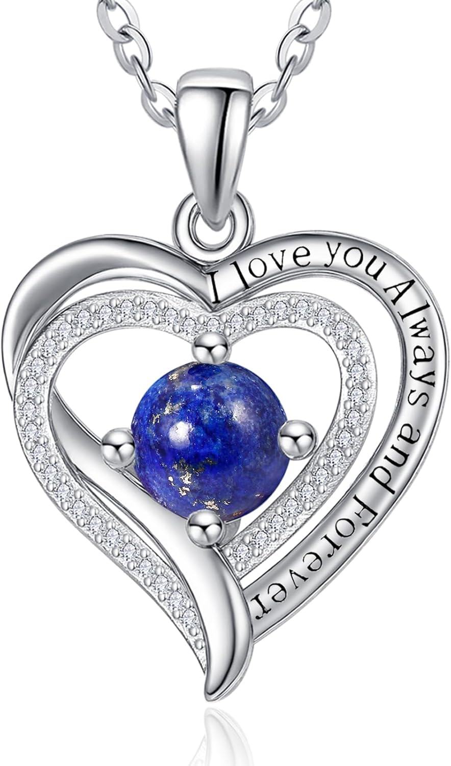 Sterling Silver White Gold Heart Pendant Necklace w Birthstone for Women-Lapis Lazuli
