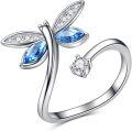 wholesale S925 Sterling Silver with Austrian Crystals Light Sapphire Dragonfly Water Droplet Adjustable Wavy Bond Ring 3.2g, Elegant Gift for Women-0-0