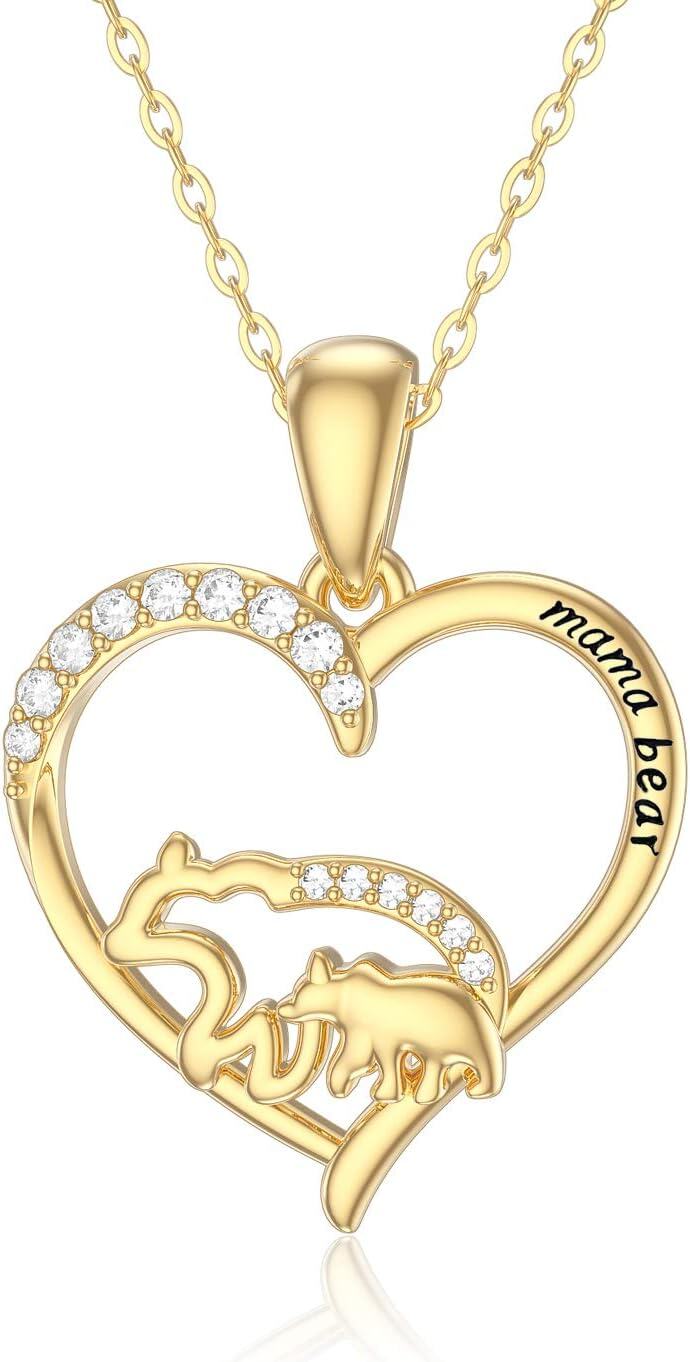 wholesale 14K Gold Mama Bear and Cub Heart Pendant Necklace for Mothers Day Gifts-0-0