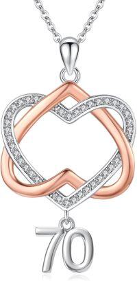 wholesale 925 Sterling Silver Double Heart with Number 70 Charm Pendant Necklaces Gifts for Women and Girls-70th