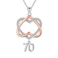 wholesale 925 Sterling Silver Double Heart with Number 70 Charm Pendant Necklaces Gifts for Women and Girls-70th