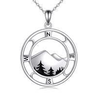 wholesale 925 Sterling Silver Compass Necklace Mountain Landscape Pendant With Black Details-04-Compass Mountain Necklace