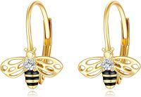 wholesale 14K Gold Honey Bee Earrings with Cubic Zirconia and Enamel Accents for Women's Fashion s-Bee Leverback