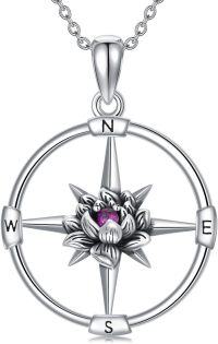 wholesale 925 Sterling Silver Birthstone Flower Necklace Compass Pendant for Women-07-Jul-Lotus