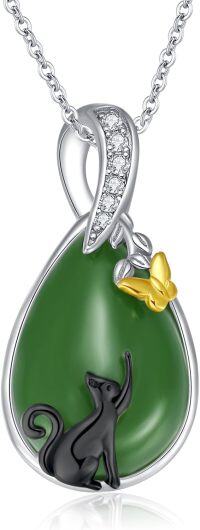 wholesale Sterling Silver Green Jade Necklace with Teardrop Hummingbird Dragonfly Butterfly Bee Cardinal Owl Fox Sloth Jewelry Gifts for Women Mom-Black Cat-White Gold