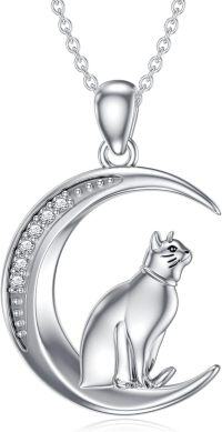 wholesale 925 Sterling Silver Crescent Moon with Black Cat and Cubic Zirconias Pendant Necklace for Women-Cat-style 2